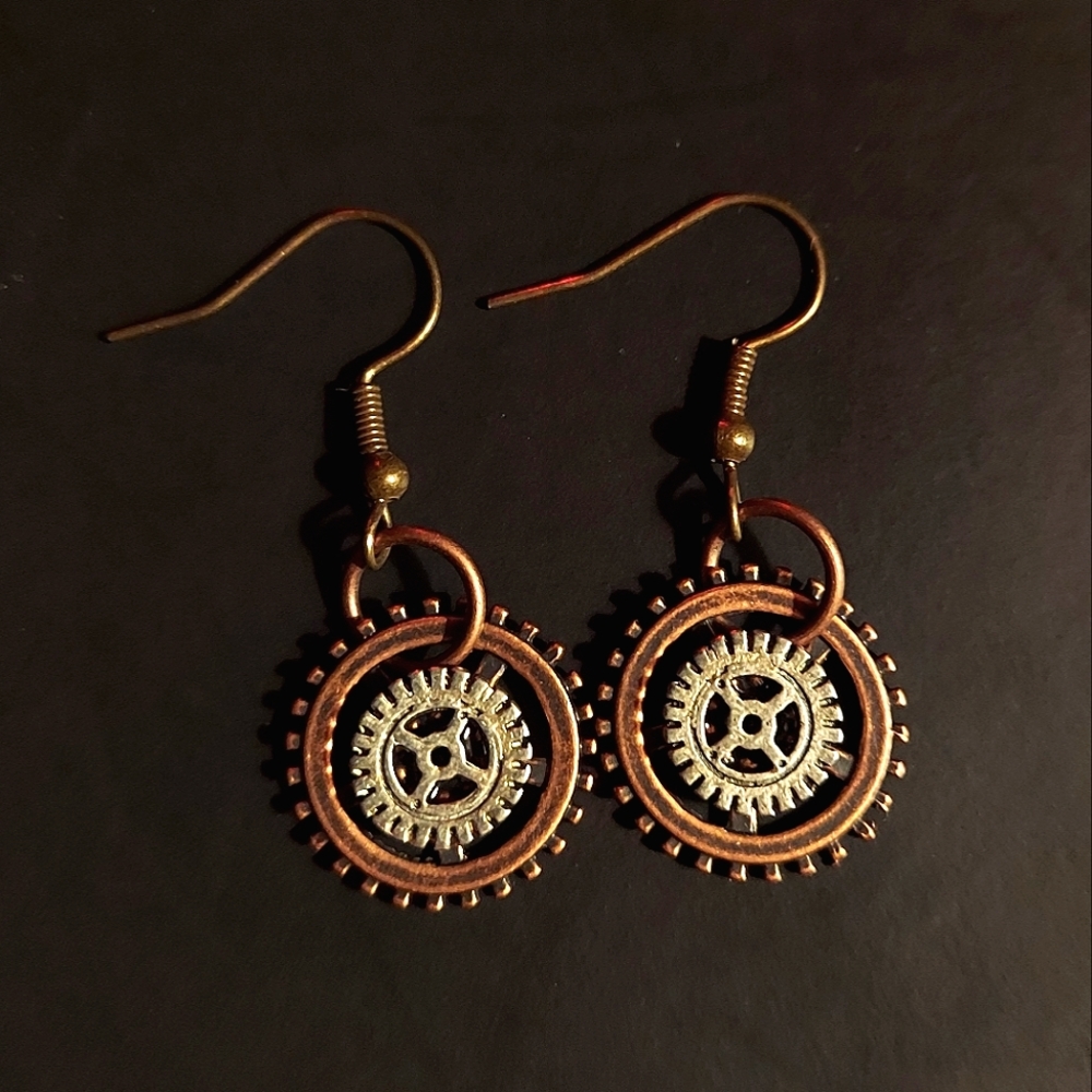 Handmade 1½ inch Copper Steampunk Gear Earrings with Bronze fish-hooks